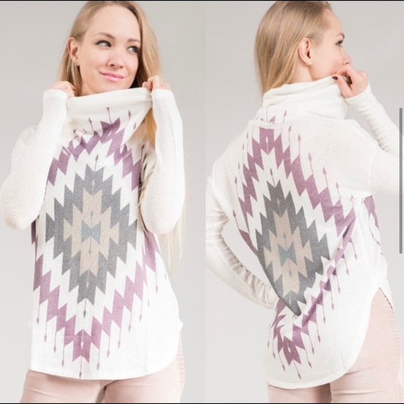 Cowl Turtle Neck Aztec Hi/Lo Sides Sweater - Picture 3 of 8